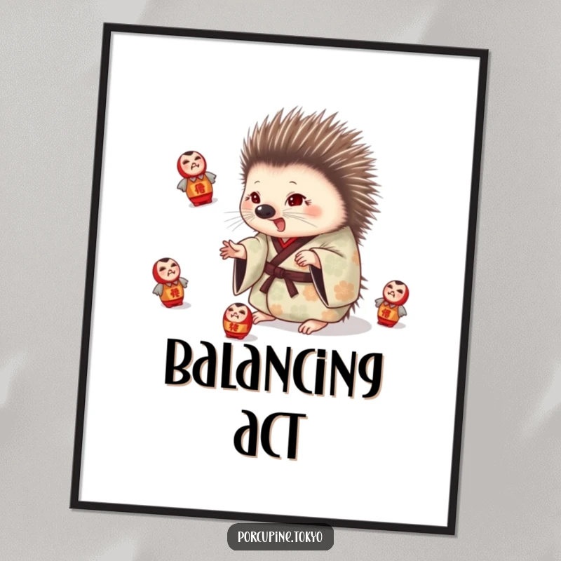 Funny poster of a porcupine in a patterned kimono playfully juggling daruma dolls, a lively and humorous wall decoration.