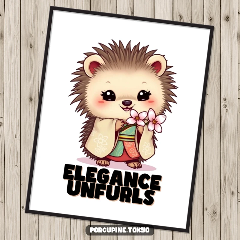 Funny poster of a porcupine in an ornate kimono holding a delicate blossom, a beautiful and humorous art piece.