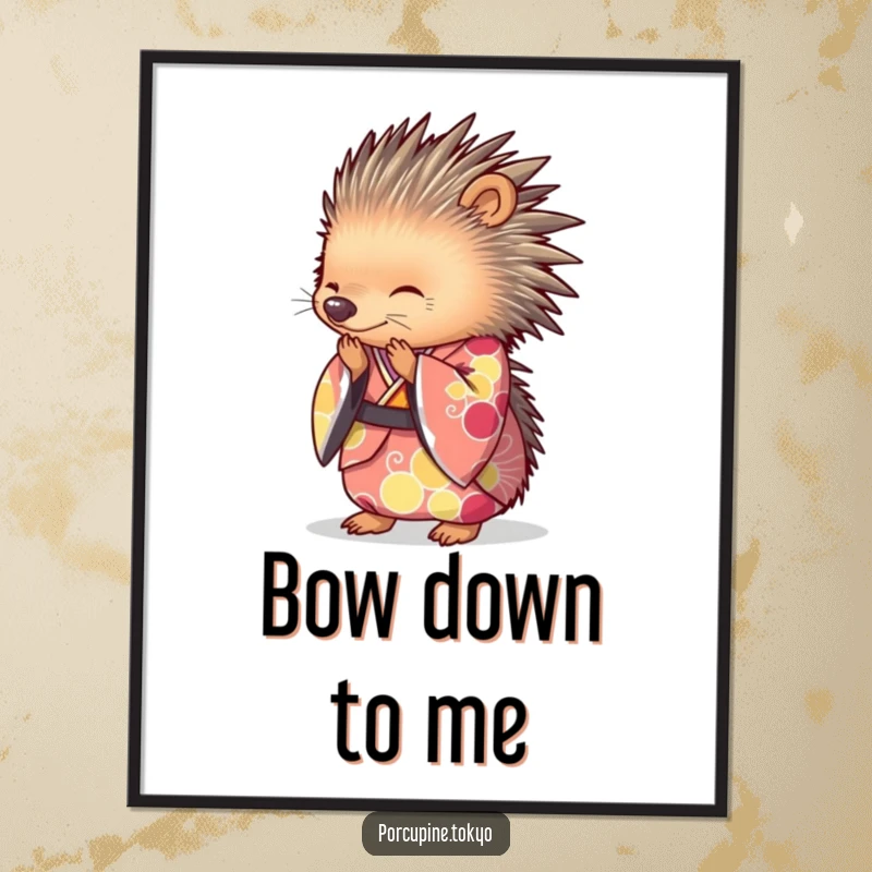 Funny Poster of a porcupine wearing a brightly colored kimono, bowing gracefully, perfect for humorous and elegant wall art.