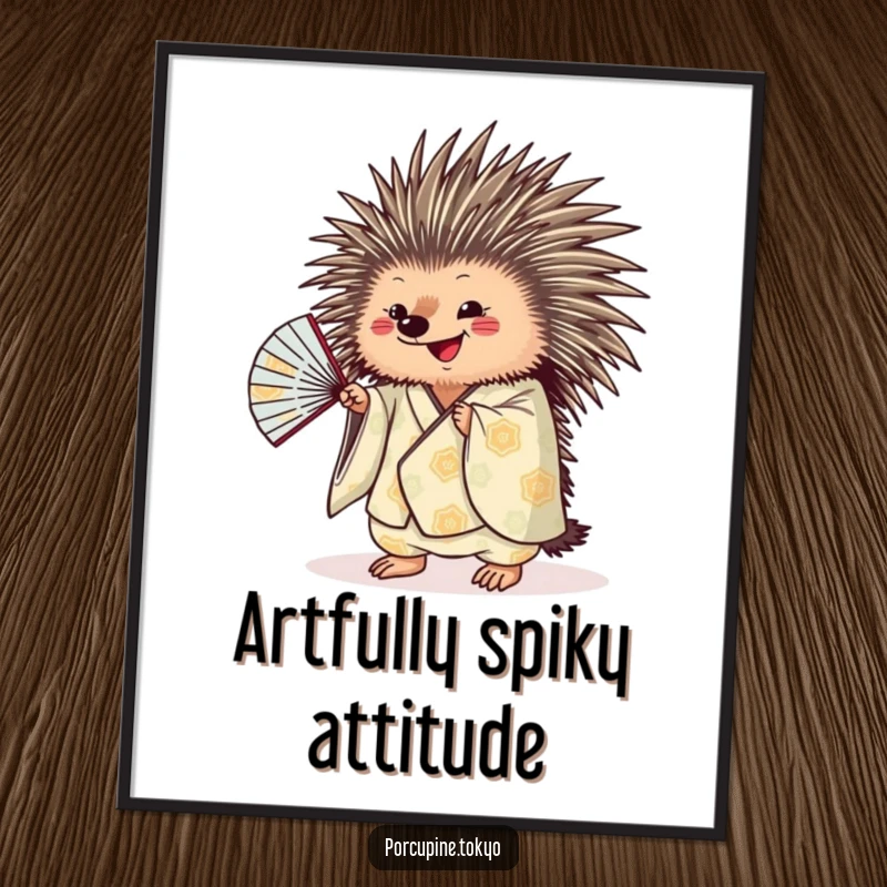 Funny porcupine character in a detailed patterned kimono, playfully waving a fan, a humorous art print for walls.