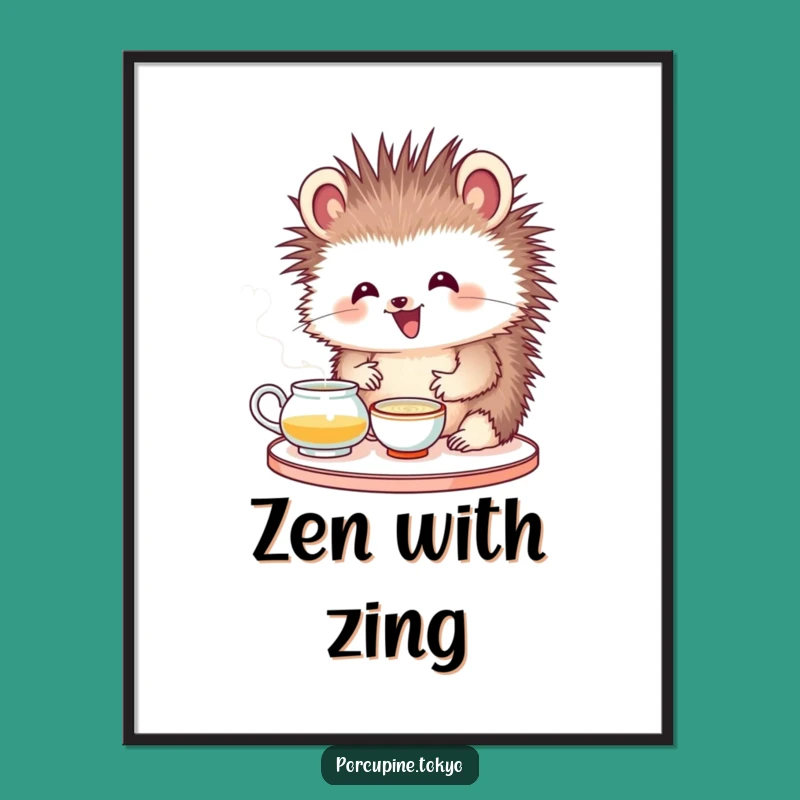 Funny Porcupine Tea Ceremony Poster: Serene Humor for Your Walls