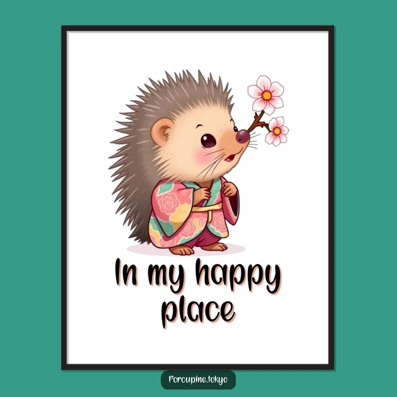 Funny Curious Porcupine Kimono Poster - Cherry Blossom Wonder Art