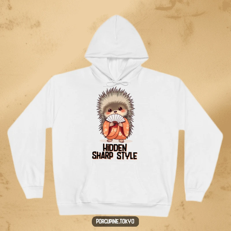 Funny Hoodie: An elegant porcupine in a beautiful kimono holding a delicate fan closed, offering funny warmth and style.