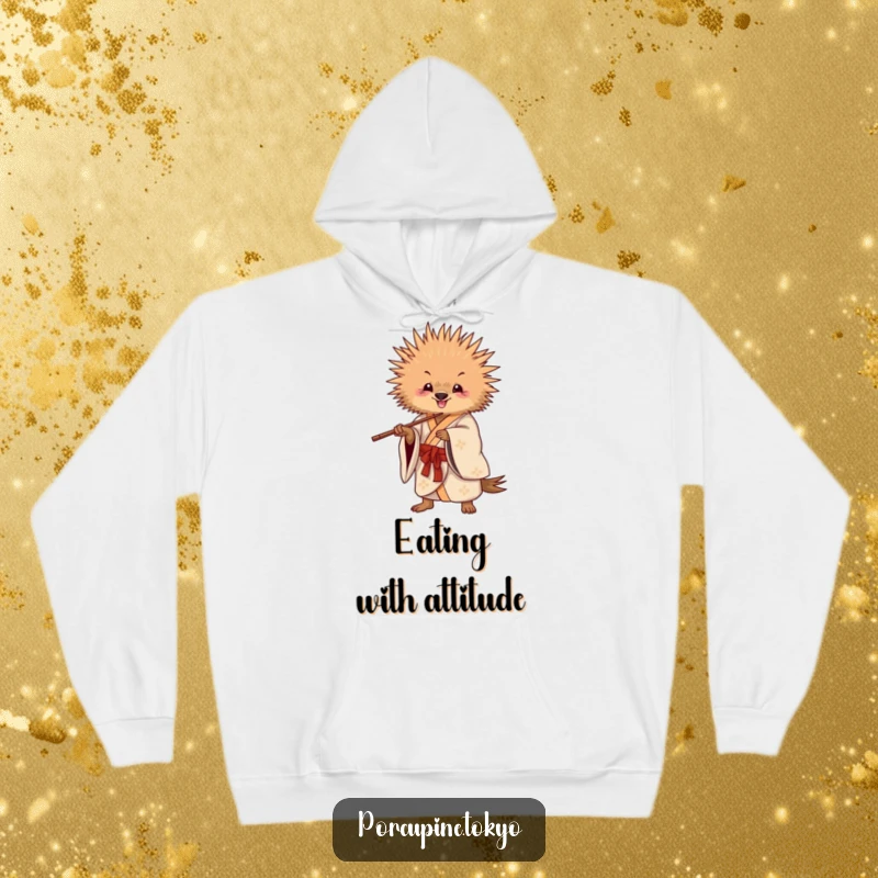 Funny Hoodie: A porcupine in a flowing kimono striking a playful pose with chopsticks, offering funny warmth and style.