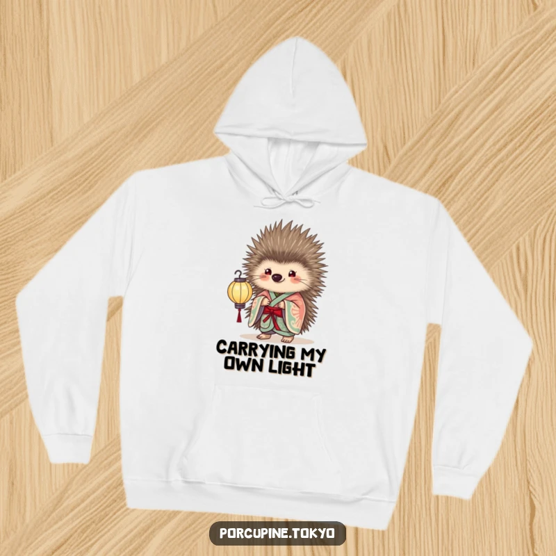 Funny Hoodie with a porcupine in an elegant kimono holding a delicate paper lantern, perfect for cozy, humorous illumination.