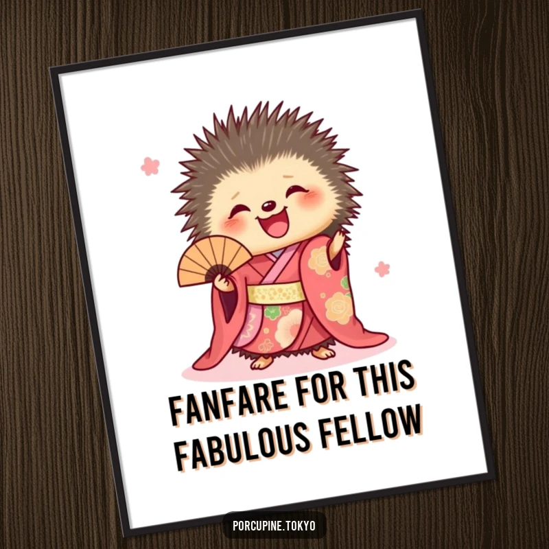Funny Free Printable Wall Art: Porcupine in vibrant kimono joyfully holding a fan, humorous downloadable decor for a cheerful room.