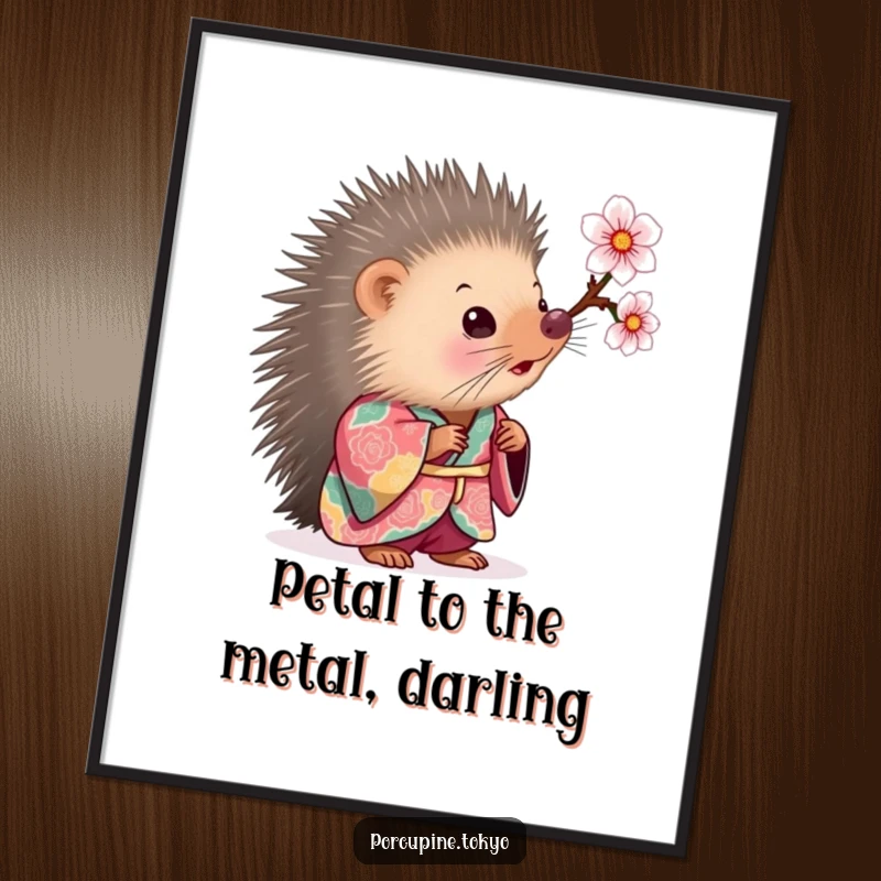 Funny Free Printable Wall Art featuring a porcupine in a colorful kimono curiously looking at a blooming cherry blossom.