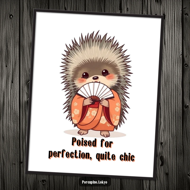 Funny Free Printable Wall Art showcasing a porcupine in a beautiful kimono, holding a delicate fan closed.