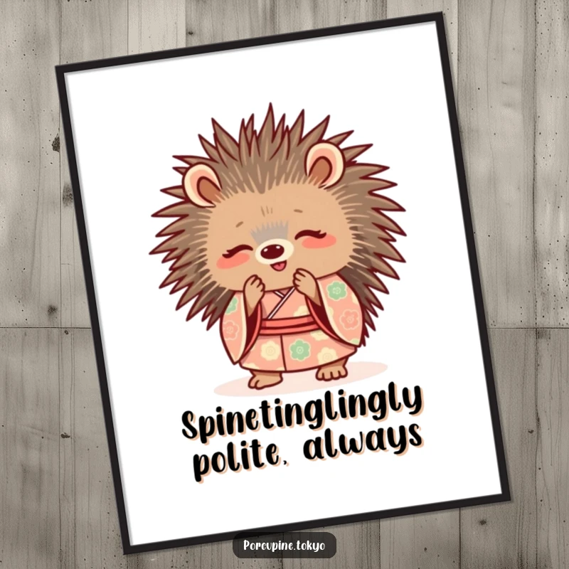 Funny Free Printable Wall Art of a cute porcupine in a patterned kimono, bowing politely with a warm smile.