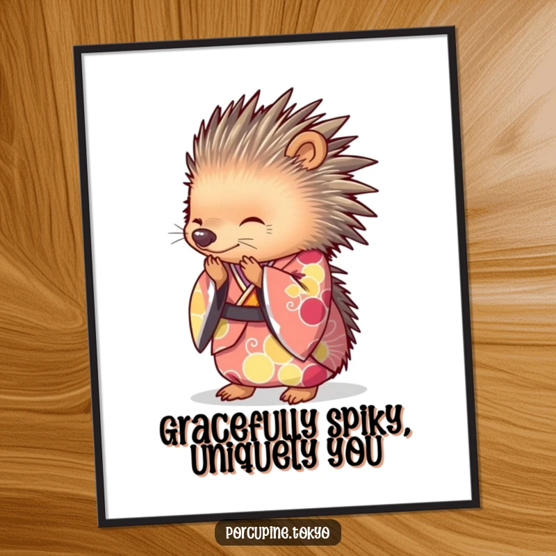Funny Free Printable Wall Art: A porcupine dressed in a vibrant kimono, executing a graceful and charming bow.