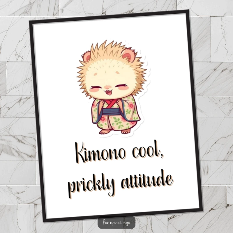 Funny Free Printable Wall Art: Porcupine in floral kimono bowing gracefully, humorous downloadable decor for a quirky space.