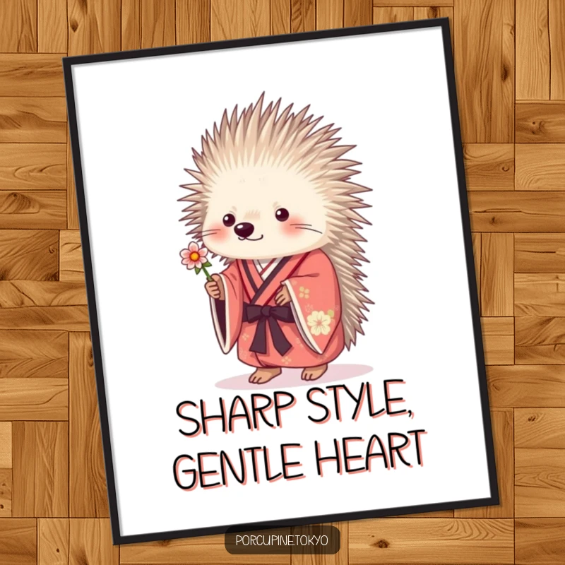 Funny Free Printable Wall Art: A porcupine in a kimono offers a small flower with a sweet, charming look.