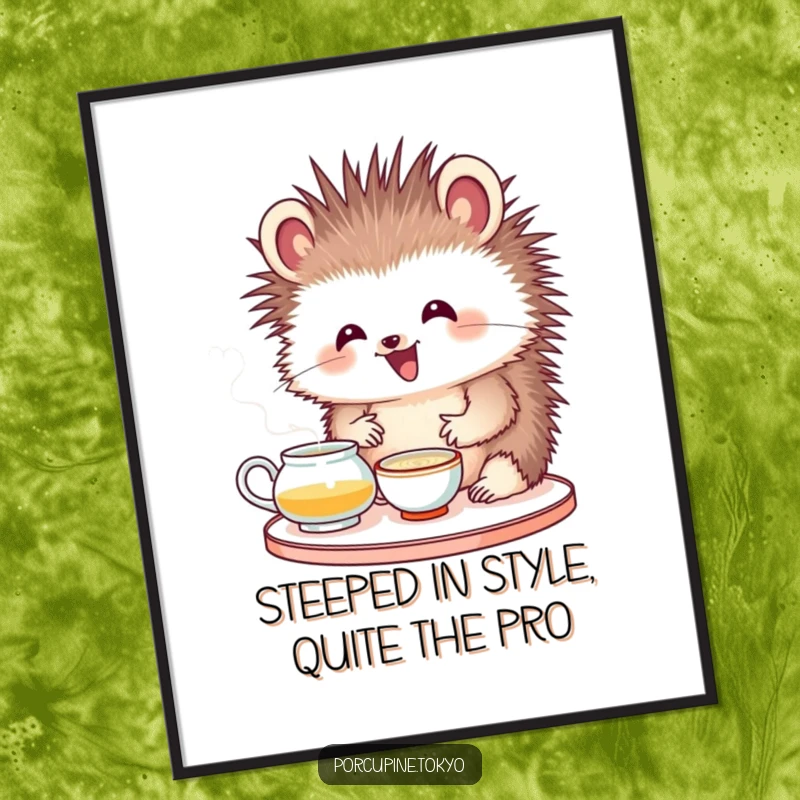 Funny Free Printable Wall Art: Porcupine with delighted expression attempting tea ceremony, humorous downloadable decor for a serene space.