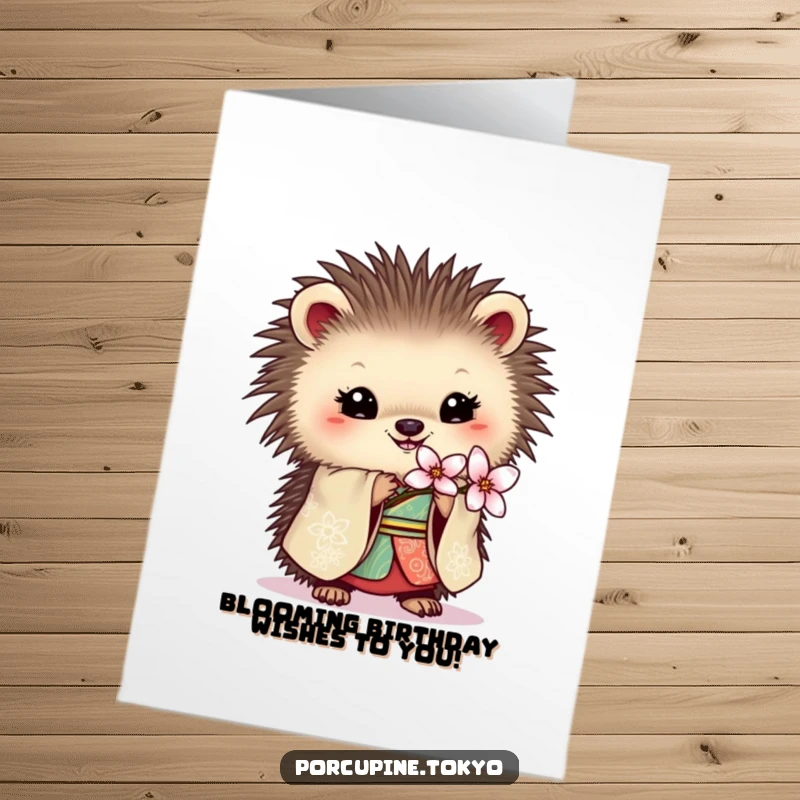 Funny Free Printable Birthday Card: Porcupine in ornate kimono holding a blossom, humorous downloadable birthday greeting with elegance.