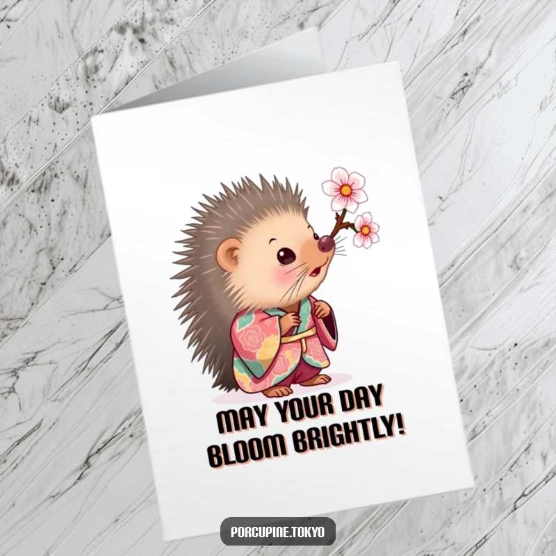 Funny Free Printable Birthday Card of a porcupine in a colorful kimono curiously looking at a cherry blossom.