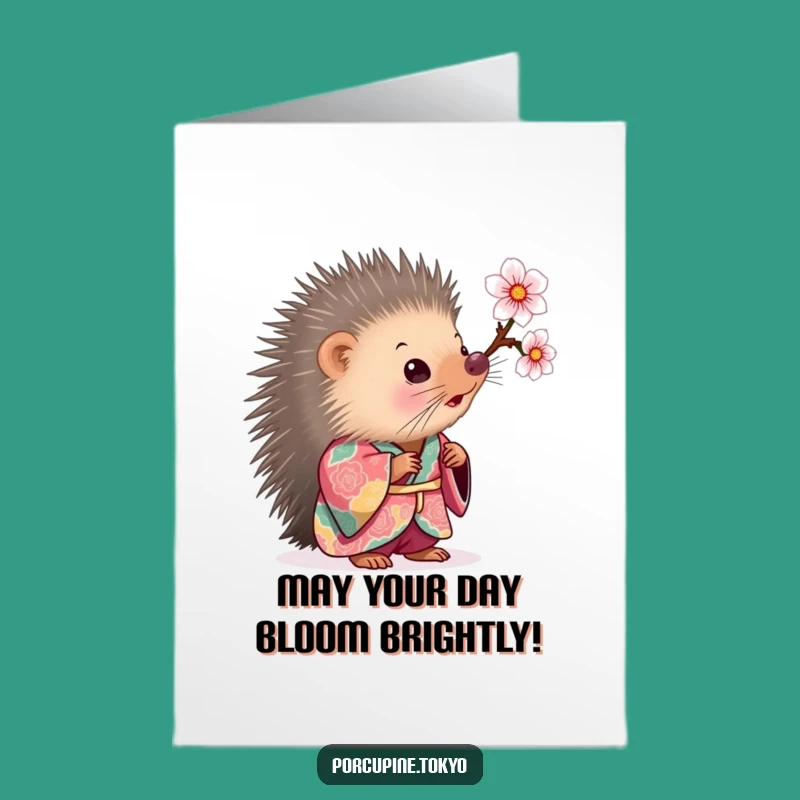 Free Printable Birthday Card: Curious Porcupine Kimono Cherry Blossom Funny Downloadable Gift