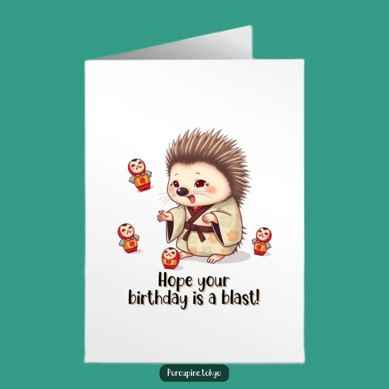 Free Printable Birthday Card: Funny Porcupine Juggling Darumas Downloadable Gift