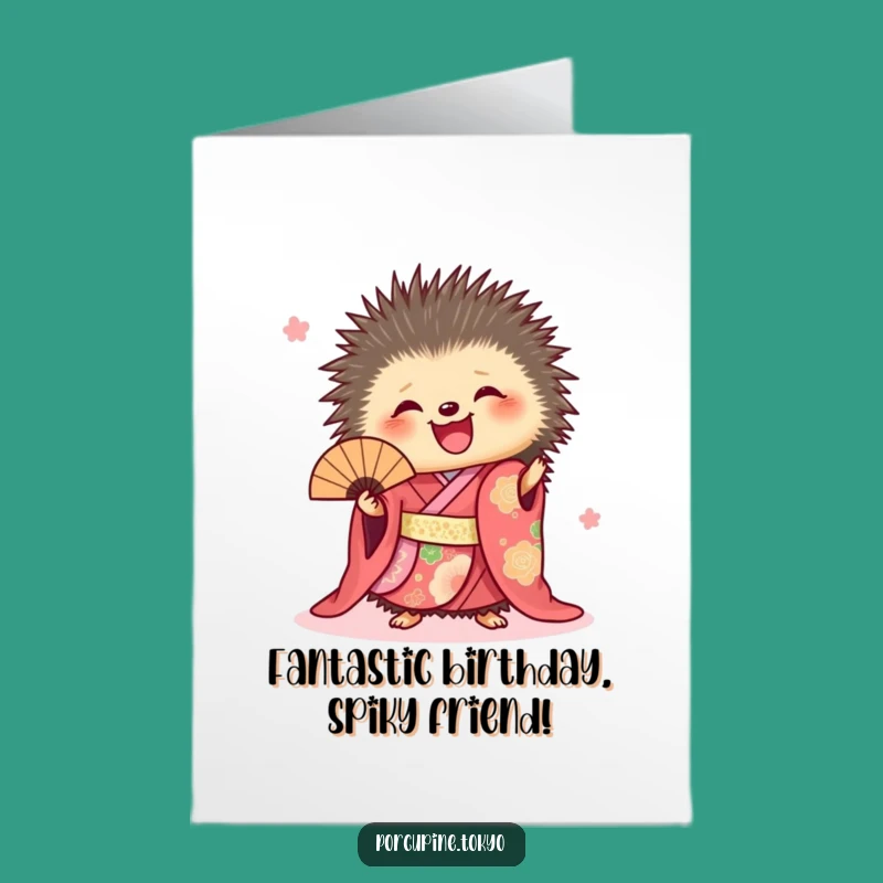 Free Printable Birthday Card: Joyful Porcupine Kimono Fan Downloadable Gift