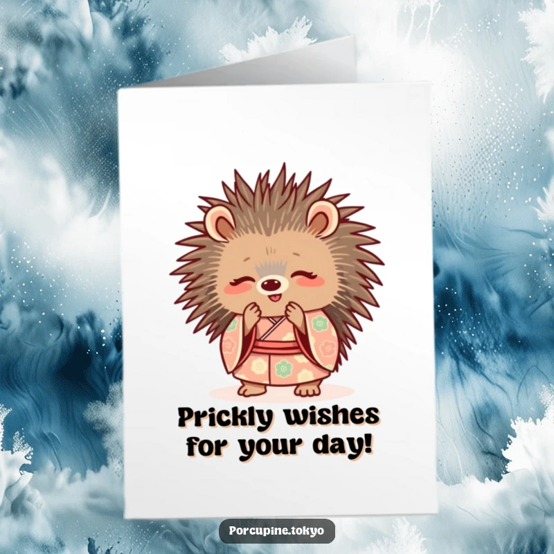 Funny Free Printable Birthday Card featuring a cute porcupine in a patterned kimono politely bowing with a cheerful smile.
