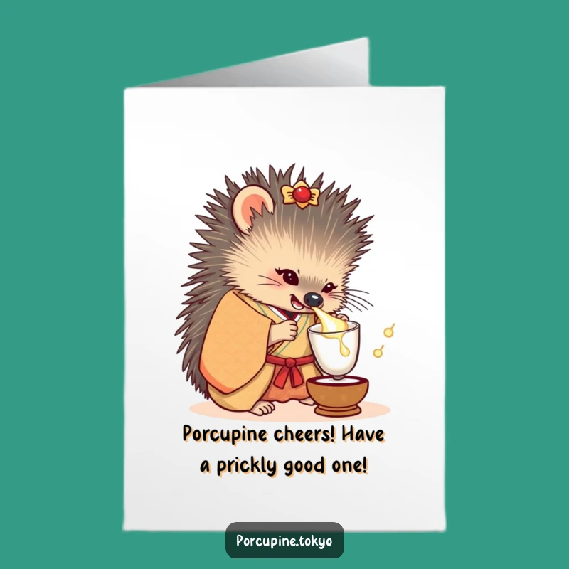 Funny Free Printable Birthday Card: Porcupine Kimono Sake Humor Downloadable Gift