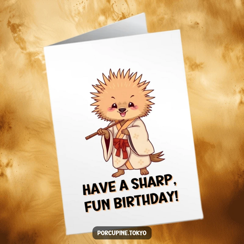Funny Free Printable Birthday Card featuring a porcupine in a flowing kimono playfully posing with chopsticks.
