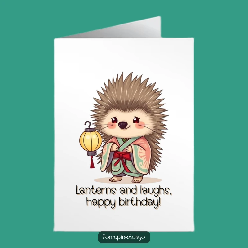 Porcupine Lantern Birthday Card Free Printable: Elegant Kimono, Downloadable Joyful Gift