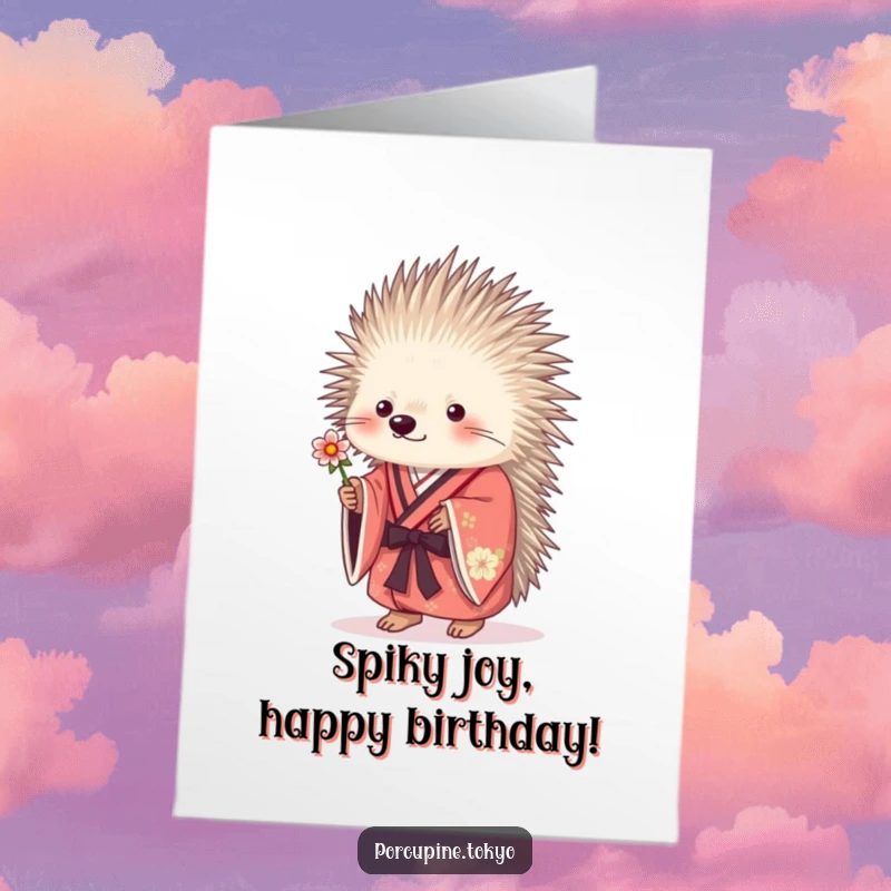 Funny Free Printable Birthday Card: A porcupine in a kimono offering a small flower with a sweet expression.