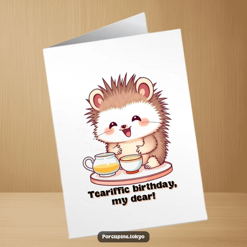 Funny Free Printable Birthday Card: Porcupine with delighted expression attempting tea ceremony, humorous downloadable birthday greeting.
