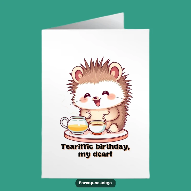 Free Printable Birthday Card: Funny Porcupine Tea Ceremony Downloadable Gift