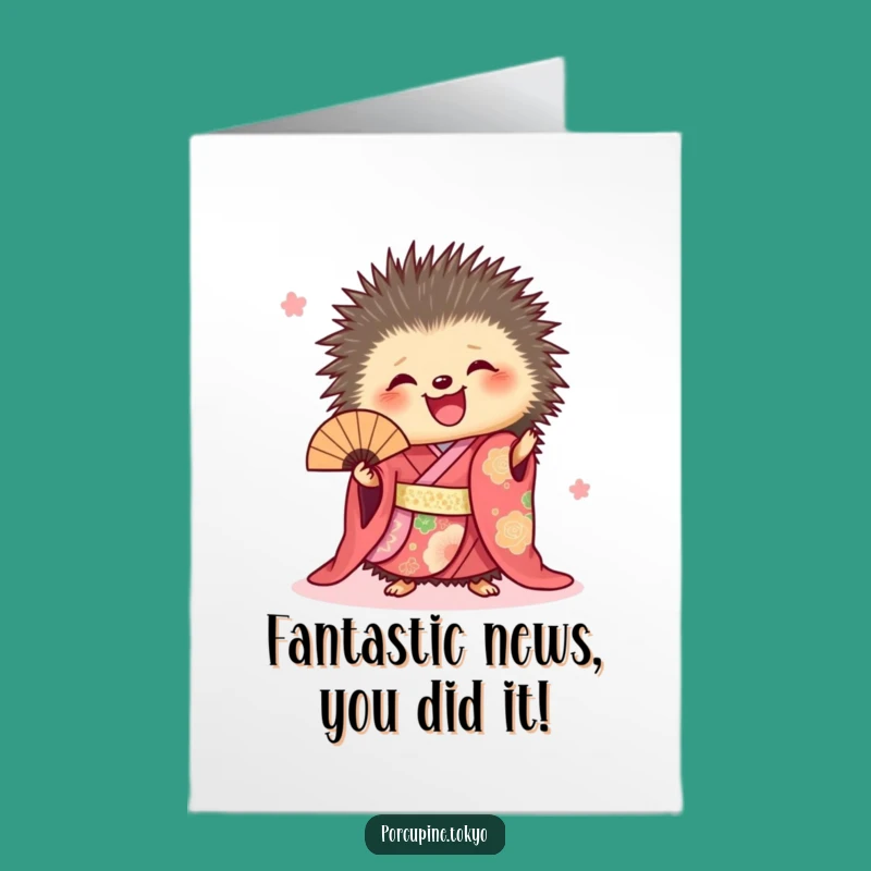 Free Printable Congrats Card: Happy Porcupine Kimono Fan Downloadable Gift