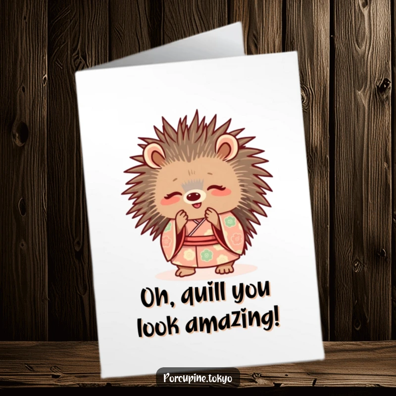 Funny Free Printable Congratulations Card with a cute porcupine in a patterned kimono politely bowing.