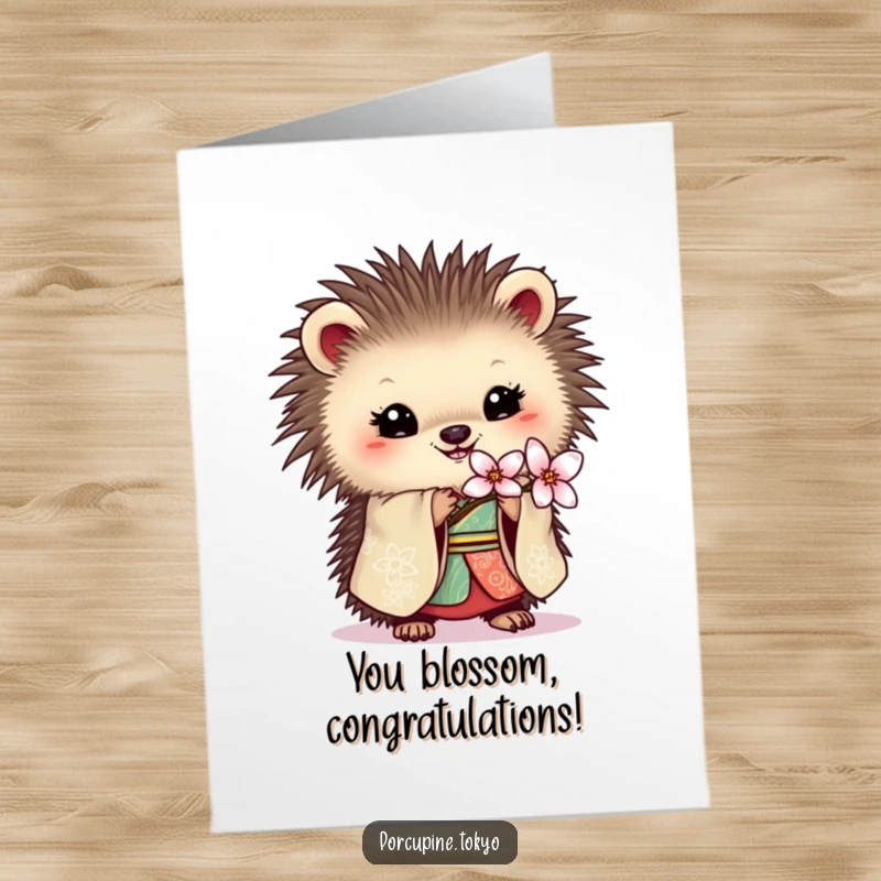 Funny Free Printable Congratulations Card: Porcupine in ornate kimono holding a blossom, humorous downloadable greeting for achievements.