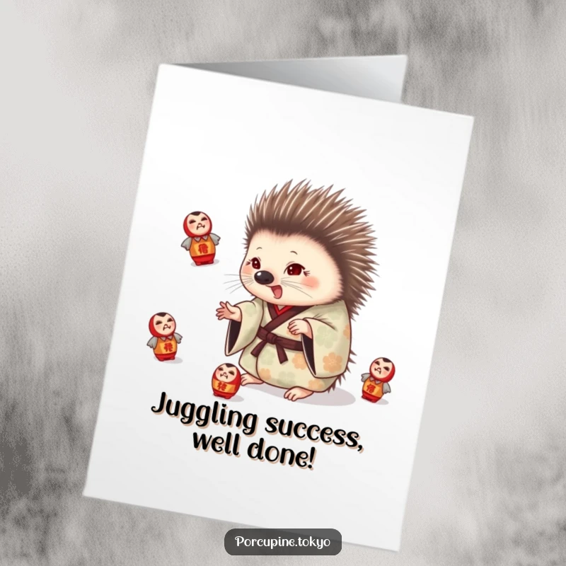Funny Free Printable Congratulations Card: Porcupine in patterned kimono playfully juggling daruma dolls, humorous downloadable greeting for achievements.