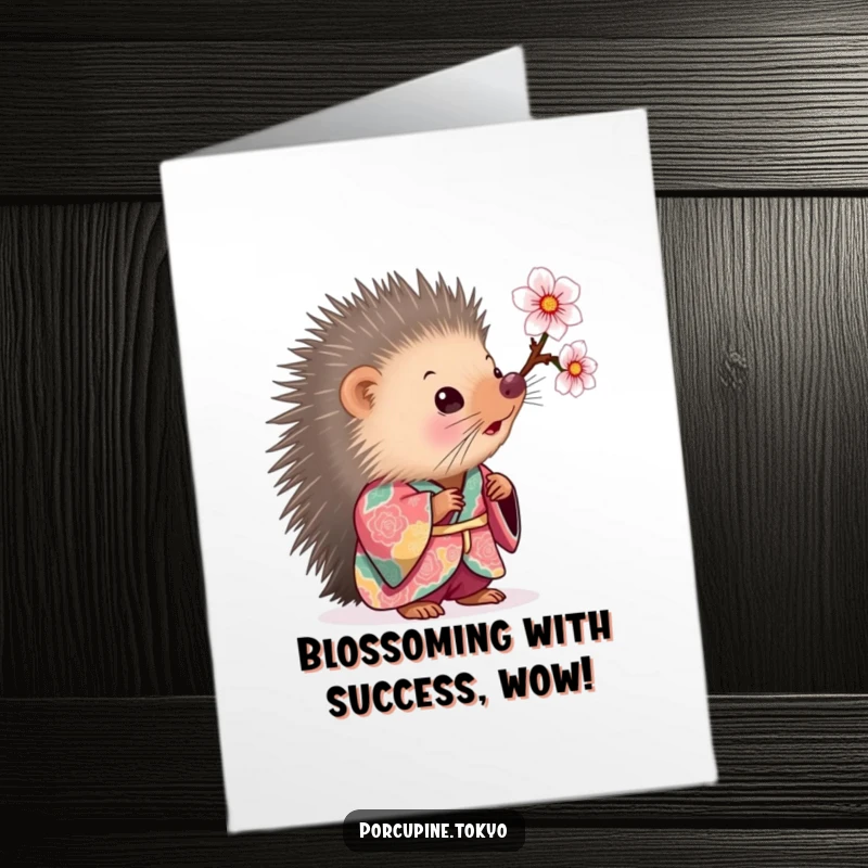 Funny Free Printable Congratulations Card with a porcupine in a colorful kimono curiously observing a cherry blossom.