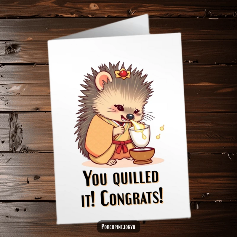 Funny Free Printable Congrats Card showing a porcupine in a kimono tipping sake, celebrating an achievement with humor.