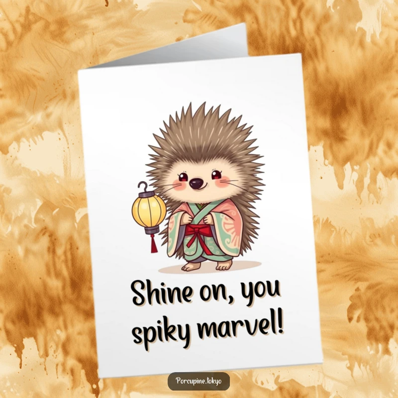 Funny Free Printable Congratulations Card showing an elegant porcupine in a kimono, holding a delicate, glowing paper lantern.