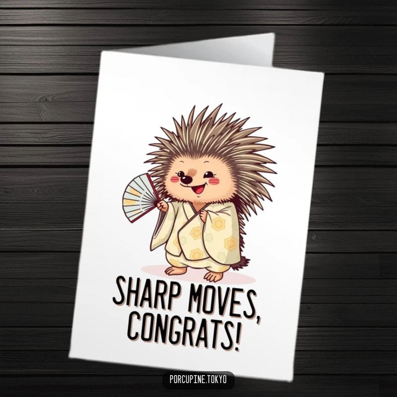 Funny Free Printable Congratulations Card: A porcupine in a kimono shaking a fan, celebrating good news.
