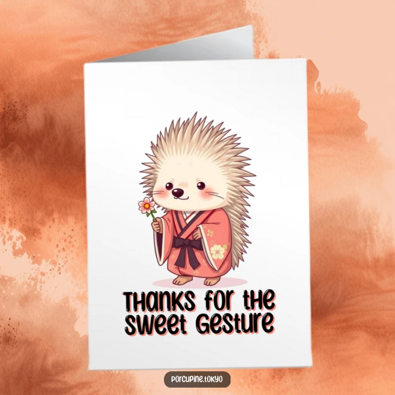 Funny Free Printable Thank You Card: A porcupine in a kimono offers a flower, expressing thanks.
