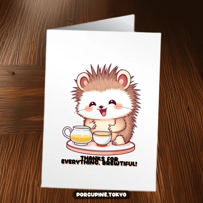 Funny Free Printable Thank You Card: Porcupine with delighted expression attempting tea ceremony, humorous downloadable thank you greeting.