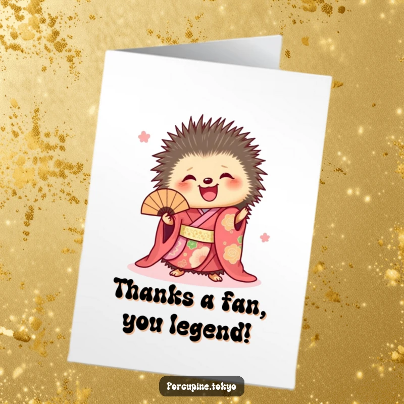 Funny Free Printable Thank You Card: Porcupine in vibrant kimono holding a fan, a humorous downloadable way to express thanks.