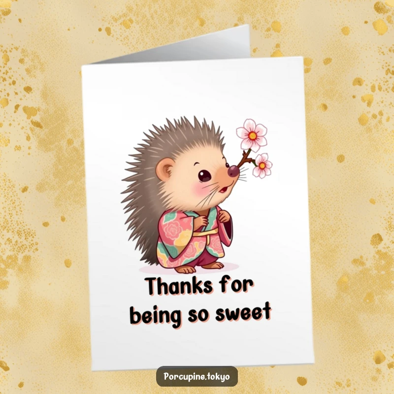 Funny Free Printable Thank You Card of a porcupine in a colorful kimono looking curiously at a delicate cherry blossom.