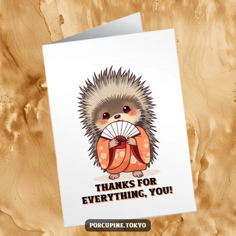 Funny Free Printable Thank You Card of a porcupine in a beautiful kimono, holding a delicate fan closed.