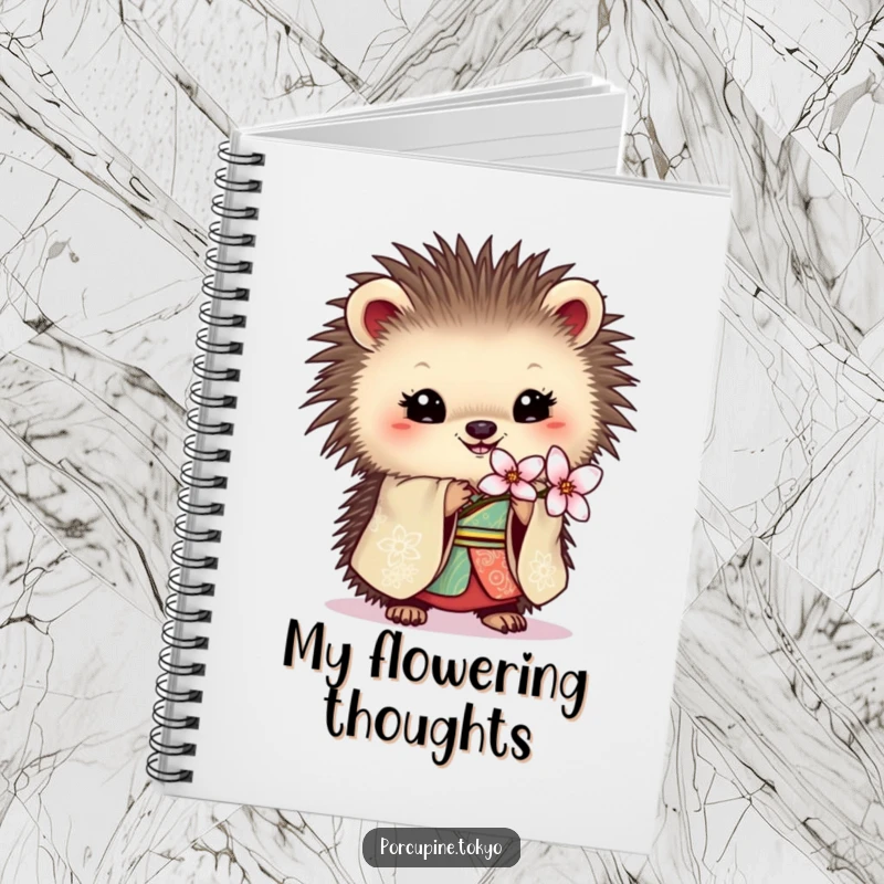 Funny notebook featuring a porcupine in an ornate kimono holding a delicate blossom, ideal for elegant note-taking.