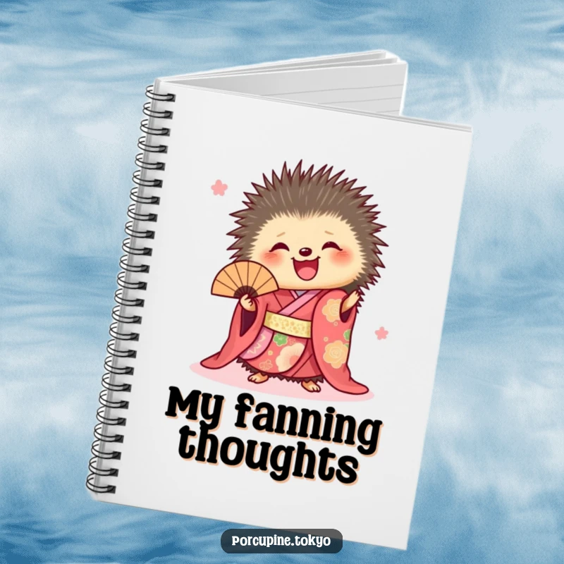 Funny notebook featuring a porcupine in a vibrant kimono joyfully holding a fan, perfect for creative minds.