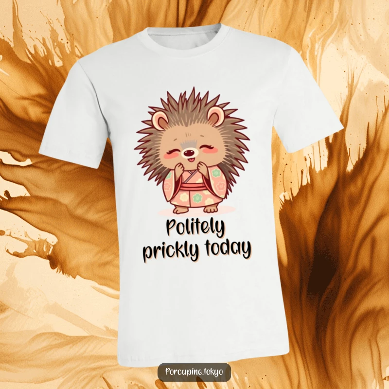 Funny T-Shirt: A porcupine in a patterned kimono, bowing politely with a sweet smile, radiating funny charm.