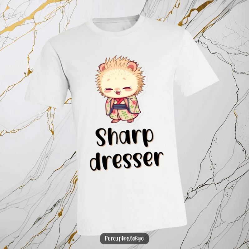 Funny t-shirt featuring a porcupine character in a floral kimono, bowing forward with serene humor, a perfect funny gift.