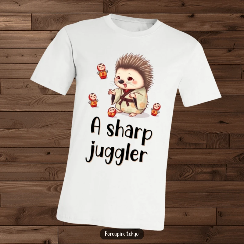 Funny t-shirt featuring a porcupine in a patterned kimono playfully juggling daruma dolls, a humorous and dynamic design.