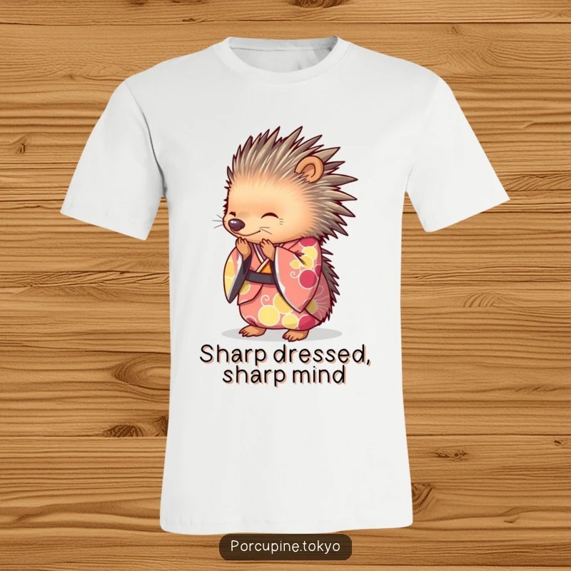 Funny T-Shirt of a porcupine wearing a brightly colored kimono, bowing gracefully, perfect for a humorous and stylish look.