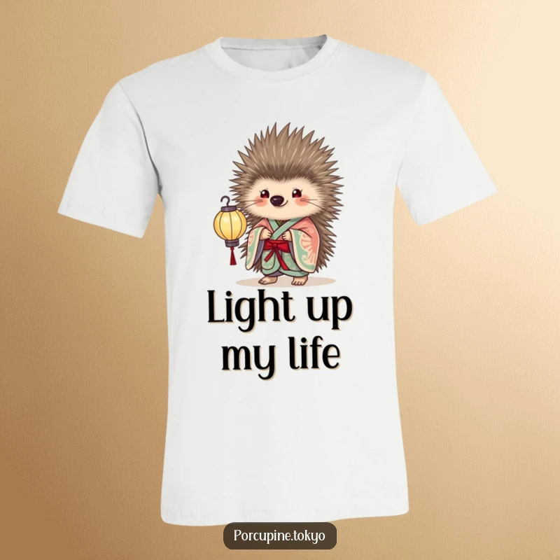 Funny T-Shirt of a porcupine in an elegant kimono holding a delicate paper lantern, perfect for a humorous and illuminated look.