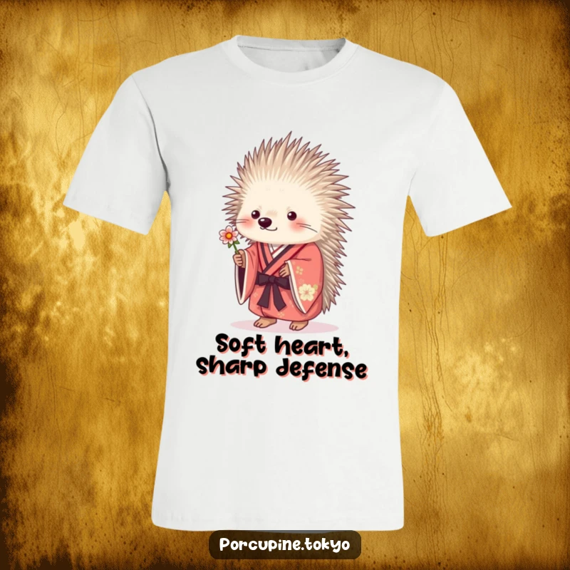 Funny porcupine character in a kimono holding out a small flower, a heartwarming and humorous t-shirt.